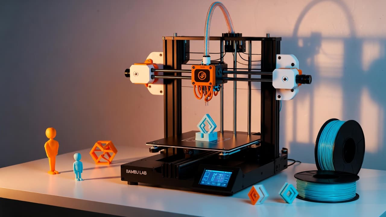 Bambu Lab 3D printer printing vibrant geometric models in a modern workspace